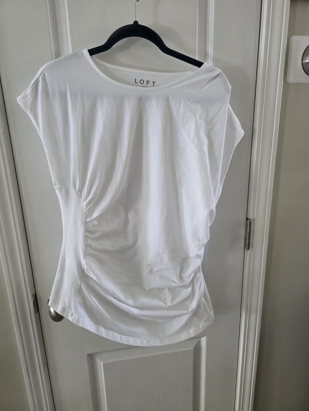 LOFT White Ruched Asymmetrical Draped Top XL Stretch Cotton